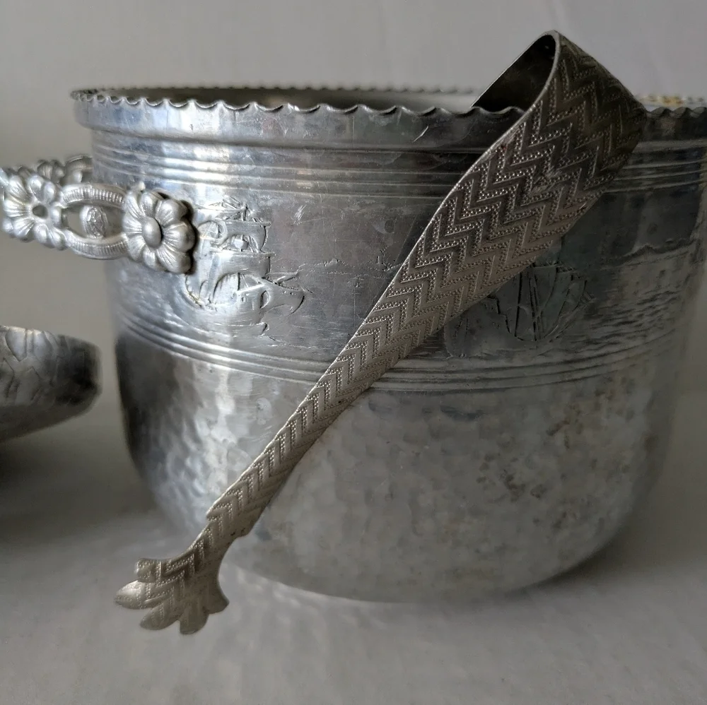 Vintage Hammered Aluminum Ice Bucket & Tong.Underside Of Lid Has Cocktail Recipe